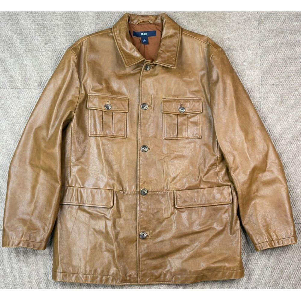 Gap‎ Vintage Men's Brown Button Up Leather Parka Jacket Size Large